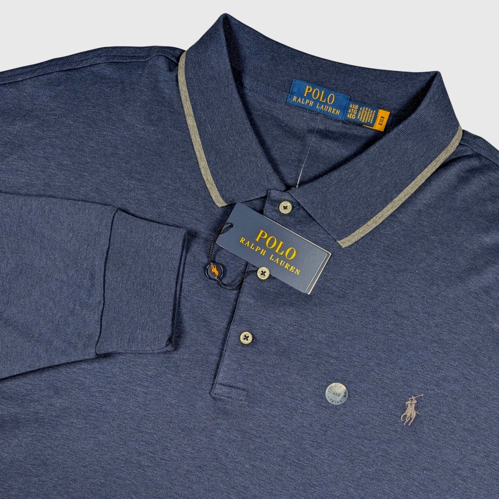 Polo Ralph Lauren Polo Shirt Mens 4XB Navy Long Sleeve Tipped Collar Pony‎ NEW